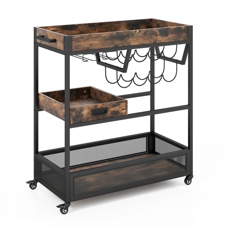 3-tier industrial buffet serving cart with wine rack, removable tray, and casters for easy movement in kitchen or bar.