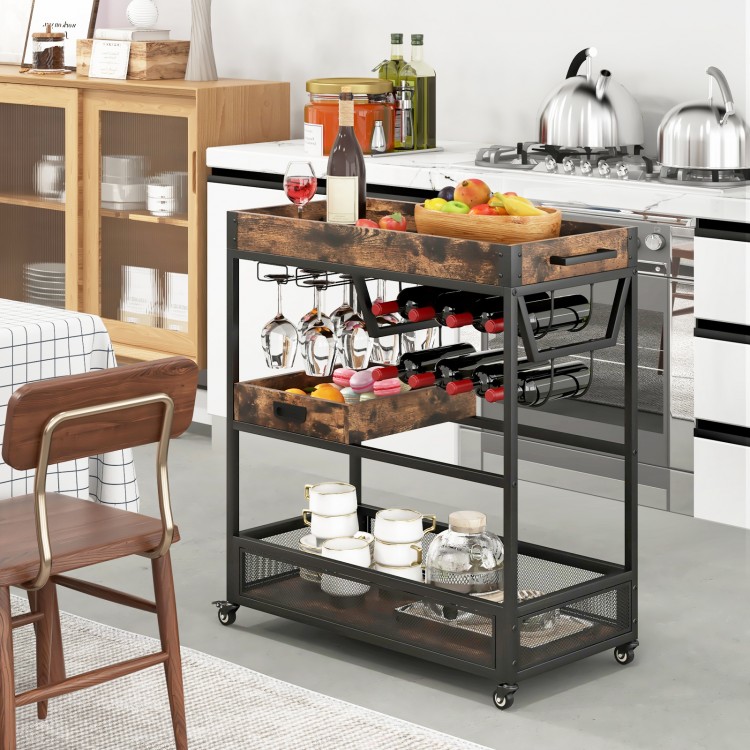 3-tier industrial buffet serving cart with wine rack, featuring a spacious top tray and stemware racks for easy serving.