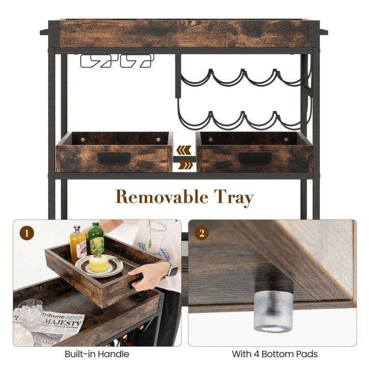 3-tier industrial buffet serving cart with removable tray, wine rack, and built-in handles for convenient mobility.
