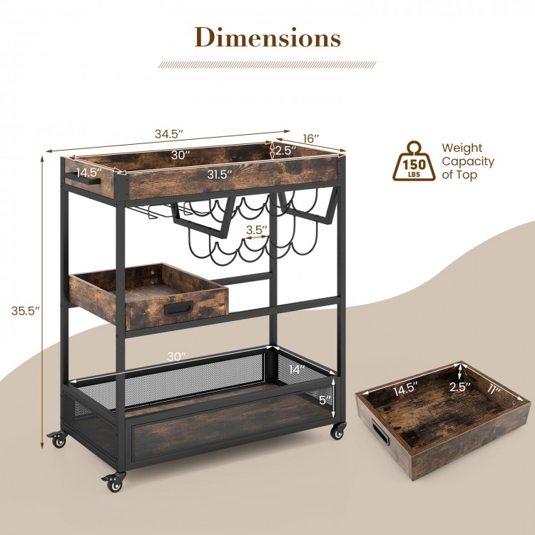 3-tier industrial buffet serving cart with wine rack, featuring a spacious tray top and removable tray for versatile.