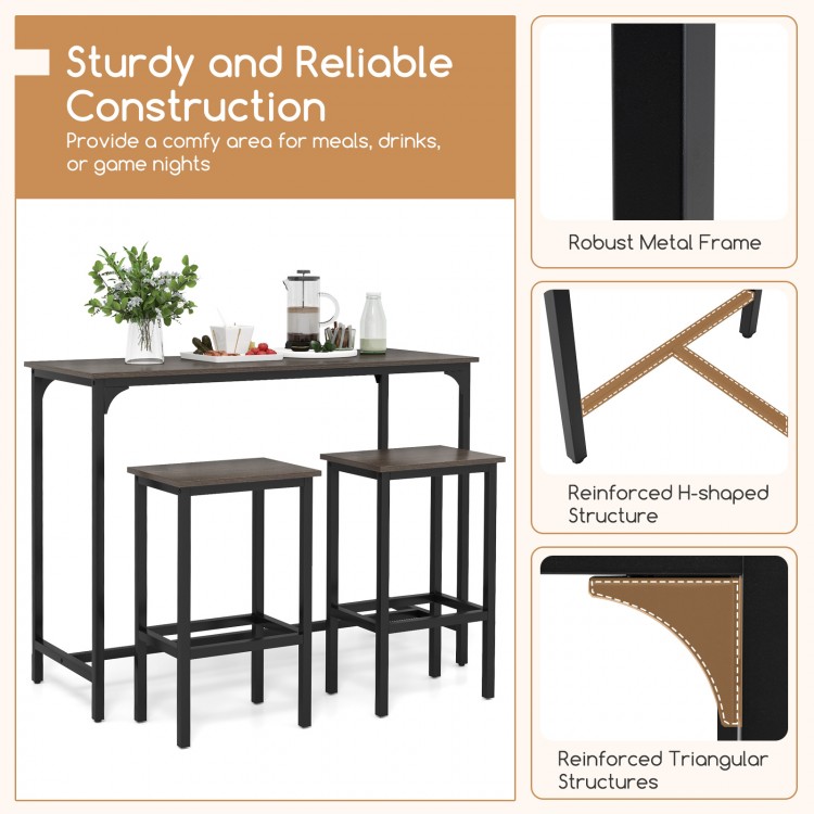 Counter-height dining table with two bar stools in gray, featuring a robust metal frame and space-saving design for.