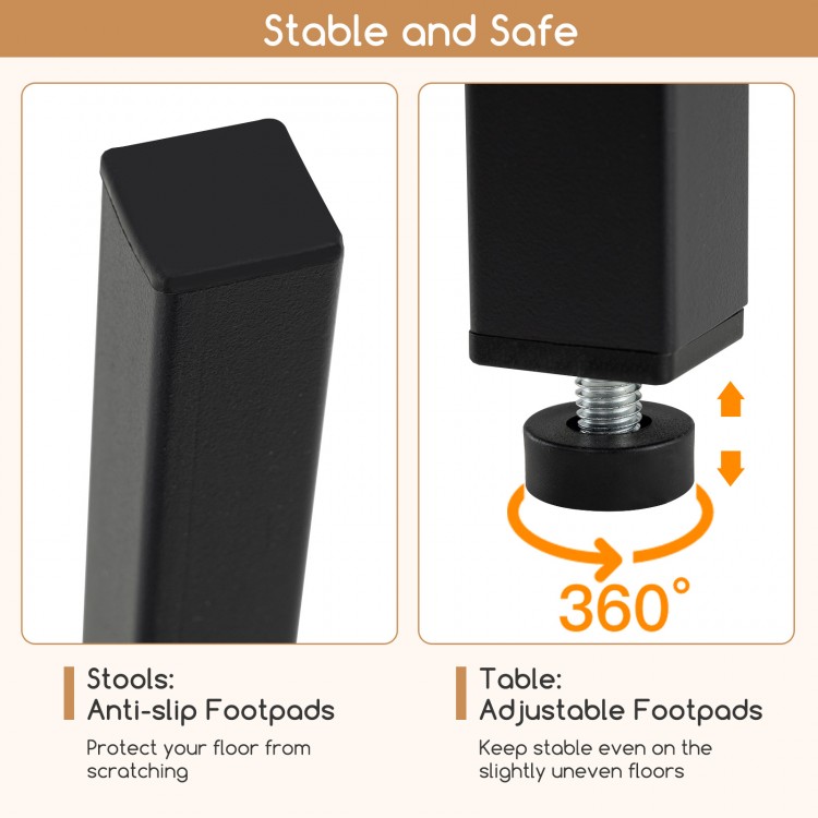 Close-up of adjustable footpad on the industrial dining table, ensuring stability on uneven floors for lasting use.