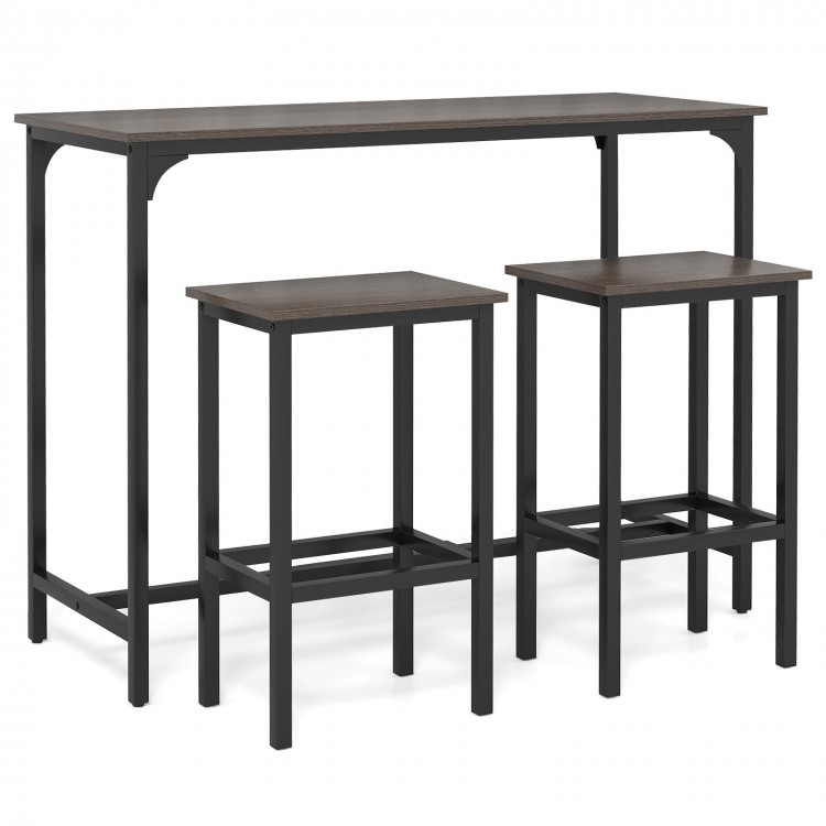 Counter-height dining table with two bar stools in gray, perfect for small spaces and versatile use.