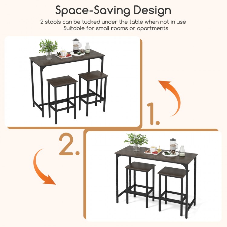 Counter-height dining table with two bar stools in gray, featuring a space-saving design for small rooms or apartments.