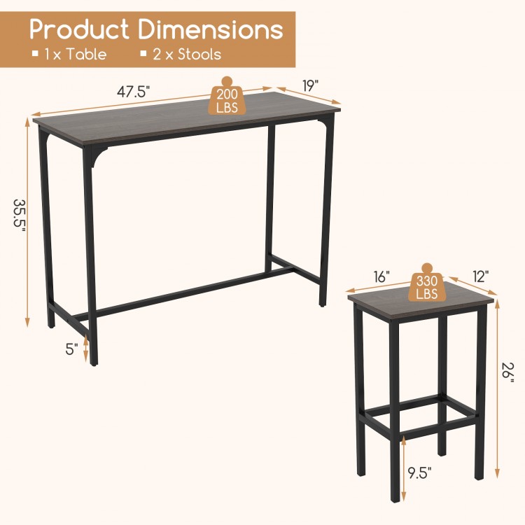 Counter-height dining table with 2 stools, gray engineered board, sturdy metal frame, ideal for small spaces.