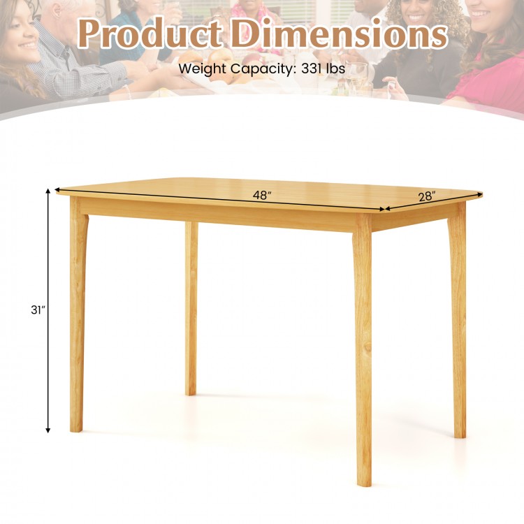 48-inch solid wood dining table with rubber wood legs, featuring a natural finish and safe round corners for kitchen.