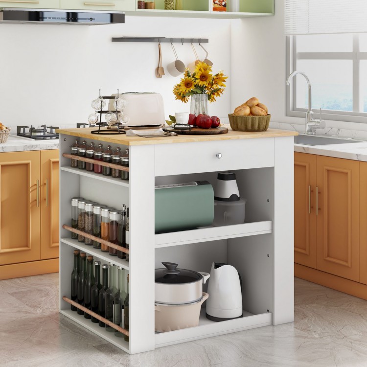 Modern kitchen island with rubber wood countertop, featuring storage drawers and spice racks, perfect for food.