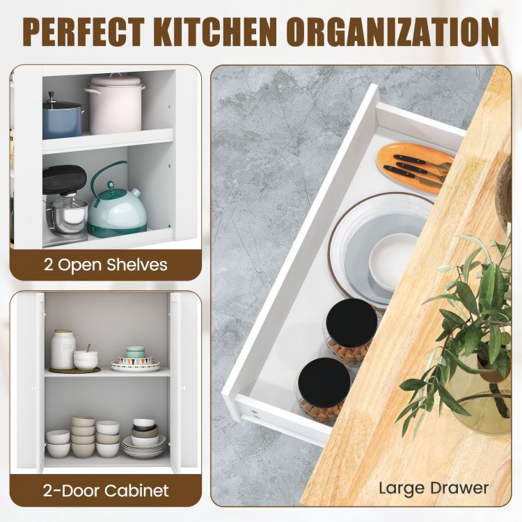 Modern kitchen island featuring a rubber wood countertop, large drawer, open shelves, and a 2-door cabinet for.