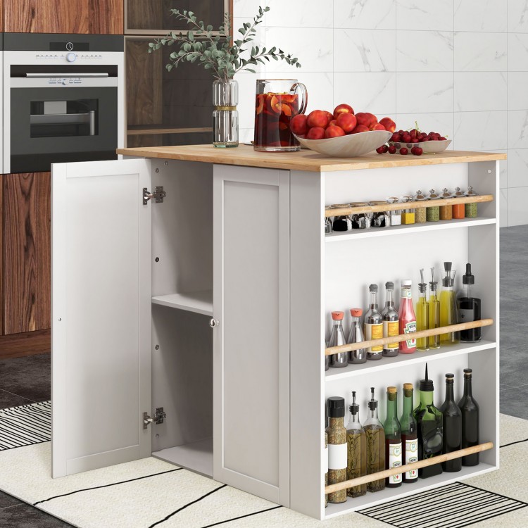 Modern kitchen island with rubber wood countertop, featuring storage cabinet, shelves, and spice racks for organized.