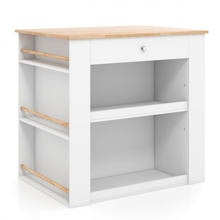 Modern kitchen island with rubber wood countertop, featuring a drawer, open shelves, and spice racks for organized.