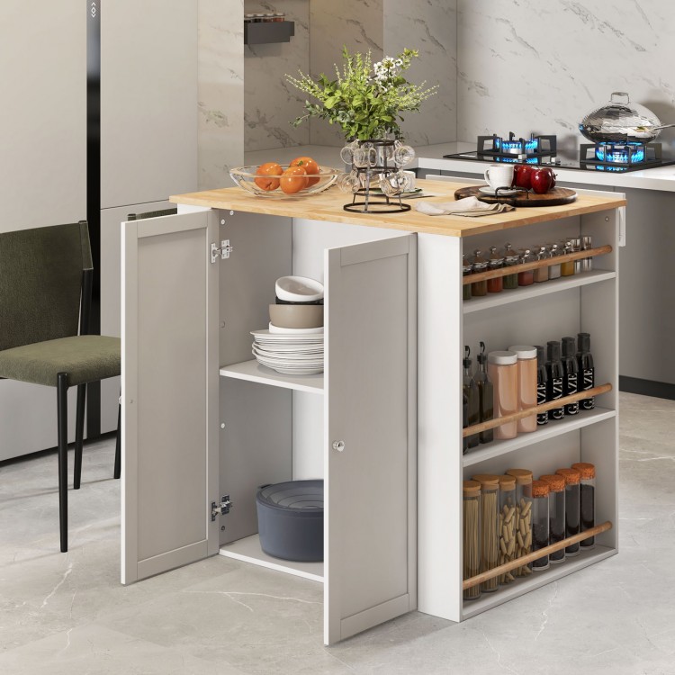 Modern kitchen island with rubber wood countertop, featuring storage cabinet, open shelves, and spice racks for.