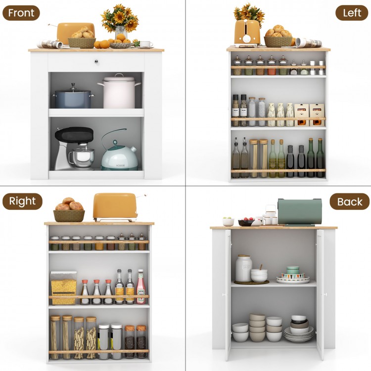 Modern kitchen island in white with rubber wood countertop, featuring storage drawer, shelves, and spice racks for.
