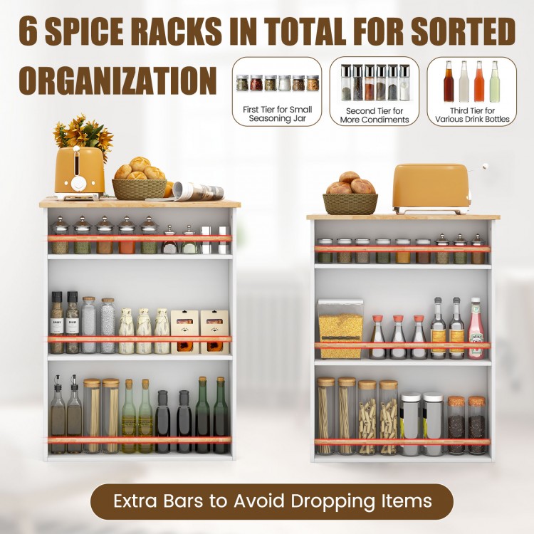 Modern kitchen island with rubber wood countertop, featuring 6 spice racks and ample storage for organized cooking.