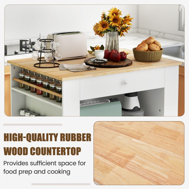 Modern kitchen island featuring a high-quality rubber wood countertop, ample storage, and chic design for food prep.