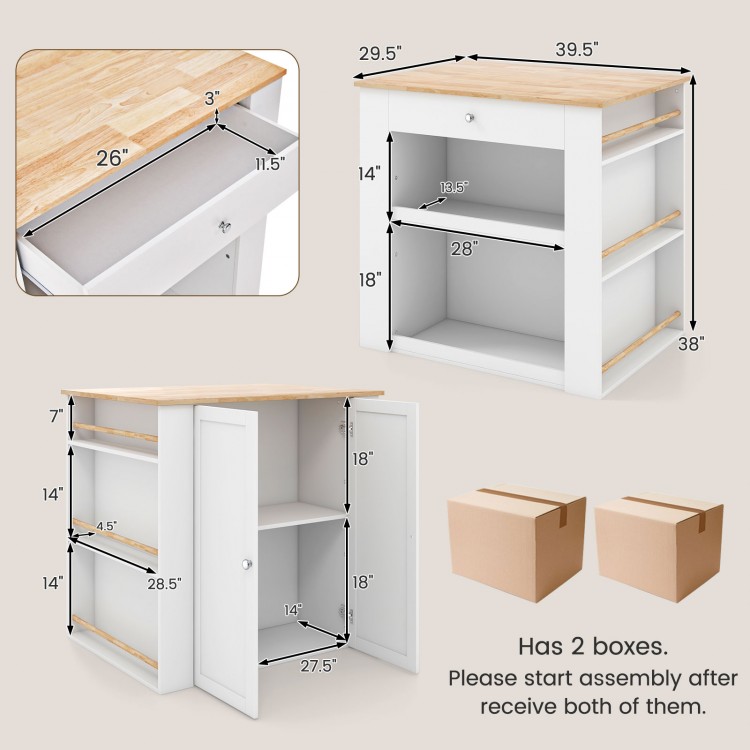 Modern kitchen island with rubber wood countertop, featuring storage drawer, open shelves, and cabinet for organized.