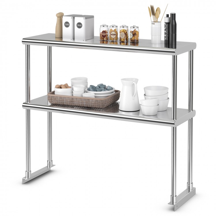 Stainless steel overshelf with adjustable lower shelf, featuring kitchen essentials for restaurant use.