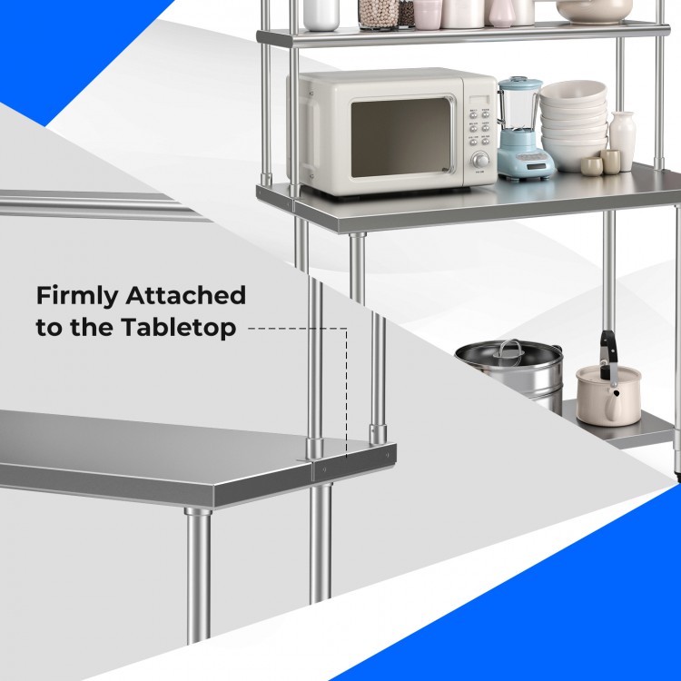 Stainless steel overshelf with adjustable lower shelf, showcasing firm attachment to the tabletop for kitchen stability.