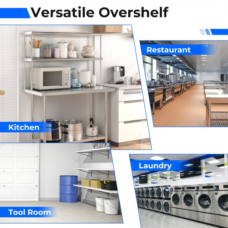 Stainless steel overshelf with adjustable lower shelf, ideal for kitchen and restaurant storage solutions.