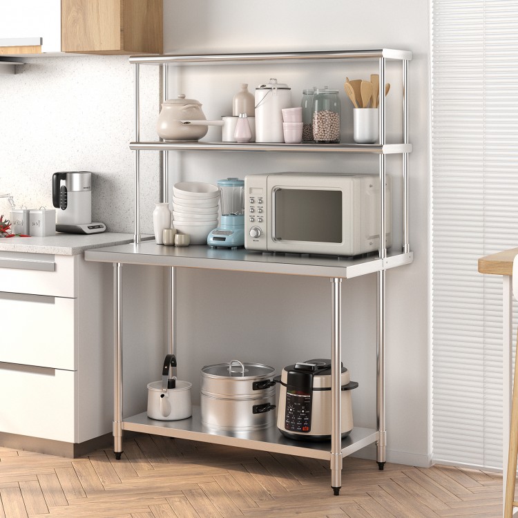 Stainless steel overshelf with adjustable lower shelf, featuring a smooth surface for easy cleaning, ideal for kitchen.