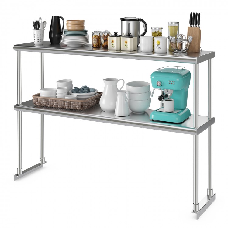 Stainless steel overshelf with adjustable lower shelf, featuring kitchenware and decor for organized storage.