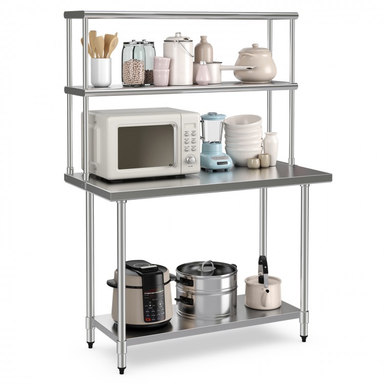 Stainless steel overshelf with adjustable lower shelf, featuring a microwave and kitchenware for efficient home storage.