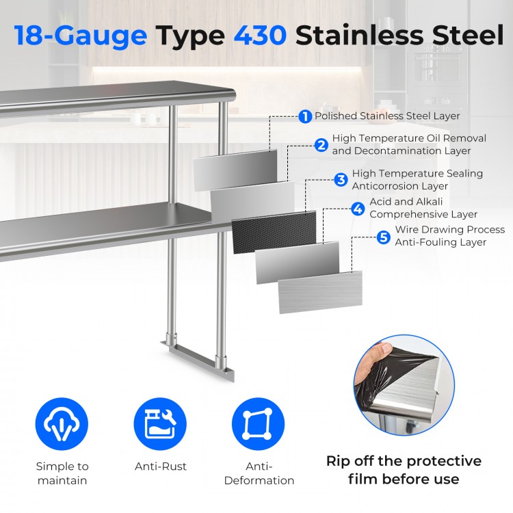 Stainless steel overshelf with adjustable lower shelf, featuring a smooth surface for easy cleaning and ample storage.