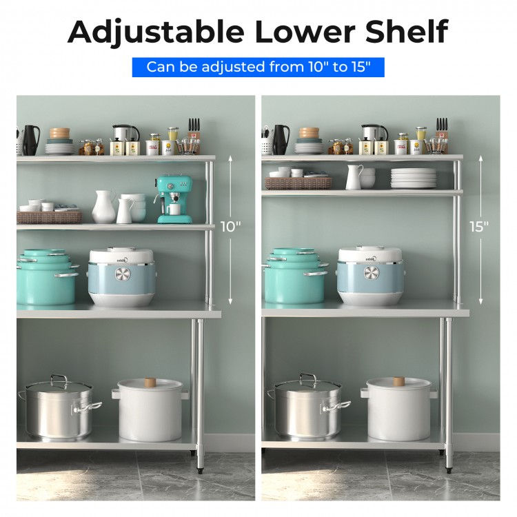 Stainless steel overshelf with adjustable lower shelf, shown at 10" and 15" heights for versatile kitchen storage.