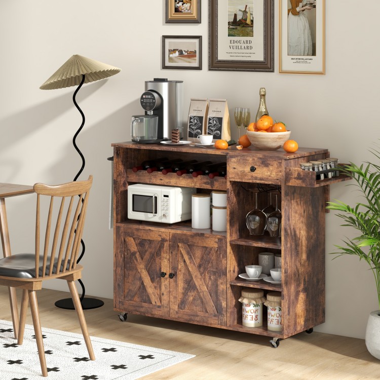 Rolling kitchen island cart in rustic brown with drop leaf, wine rack, and multiple storage options for versatile use.