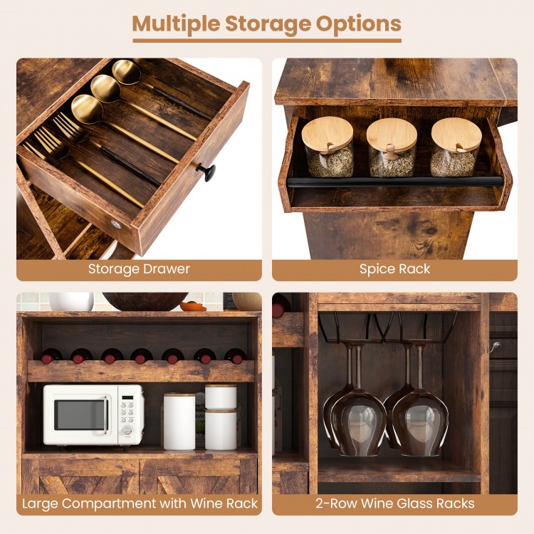 Rolling kitchen island cart with drop leaf, wine rack, spice rack, and storage drawer in rustic brown for versatile use.
