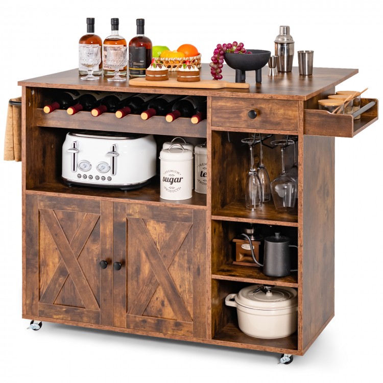Rolling kitchen island cart in rustic brown with drop leaf, wine rack, and multifunctional storage for small spaces.