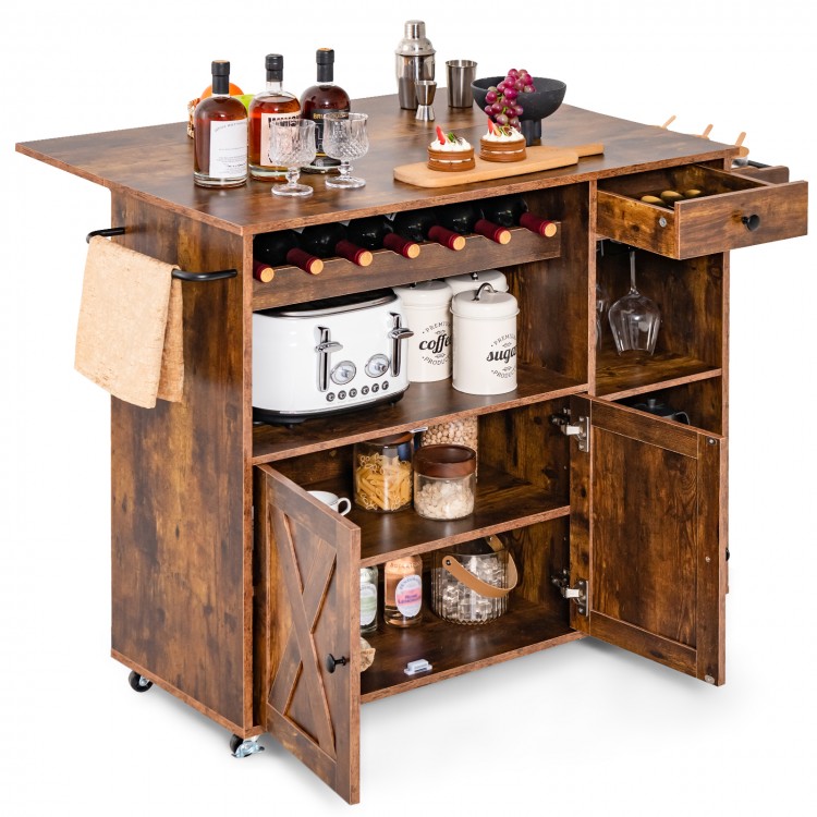 Rolling kitchen island cart in rustic brown with drop leaf, wine rack, and storage for versatile dining and serving.