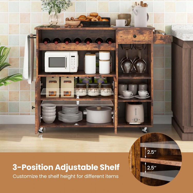 Rolling kitchen island cart in rustic brown with drop leaf, wine rack, and adjustable shelves for versatile storage.