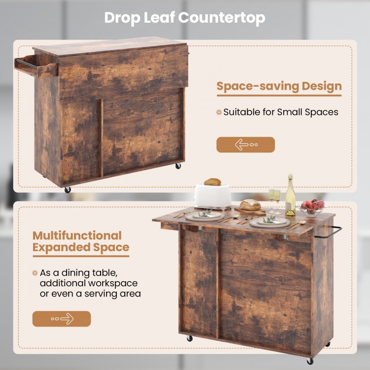 Rolling kitchen island cart in rustic brown with drop leaf top, wine rack, and storage, perfect for small spaces.