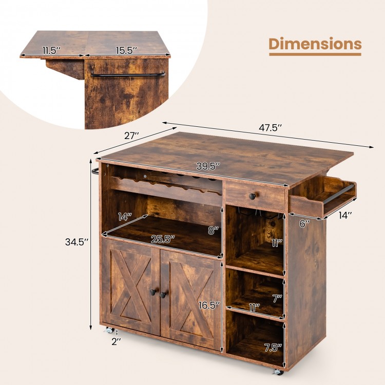 Rolling kitchen island cart with drop leaf, wine rack, and dimensions for space-saving storage in rustic brown finish.