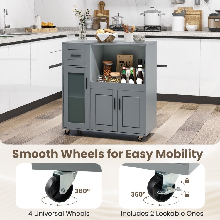 Rolling kitchen island in gray with wheels, drawer, and glass door cabinet for versatile storage and mobility.