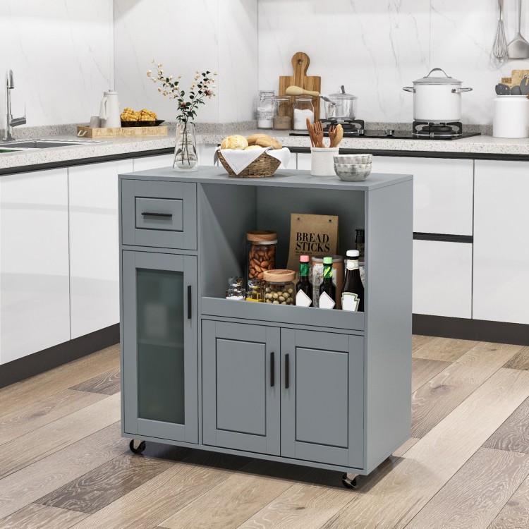 Gray rolling kitchen island with wheels, featuring an open shelf and frosted glass door for stylish and functional.