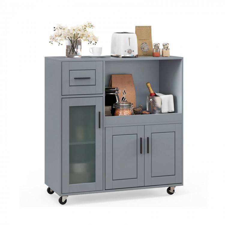 Rolling kitchen island in gray with wheels, drawer, and glass door cabinet for organized culinary space and easy.