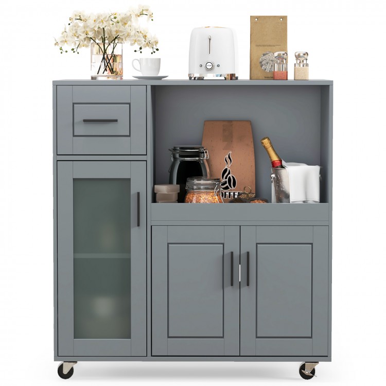 Rolling kitchen island in gray with wheels, glass door cabinet, and spacious tabletop for organized culinary storage.
