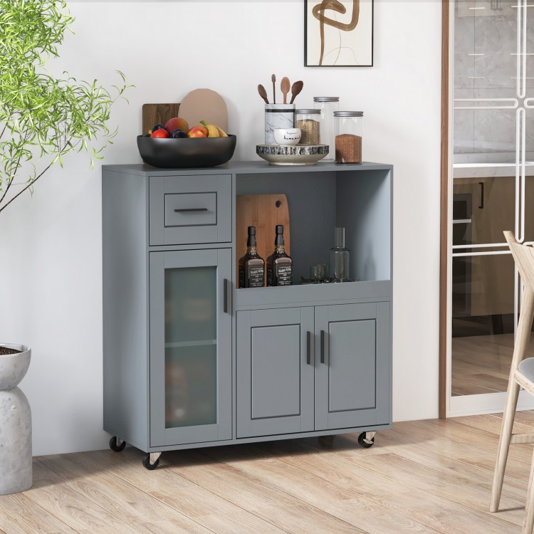 Rolling kitchen island in gray with wheels, drawer, and glass door cabinet for organized culinary storage.