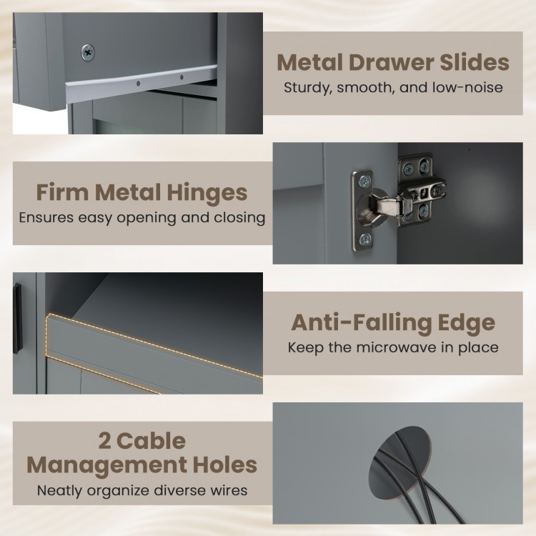 Close-up of the rolling kitchen island's metal drawer slides and firm hinges for smooth operation and durability.