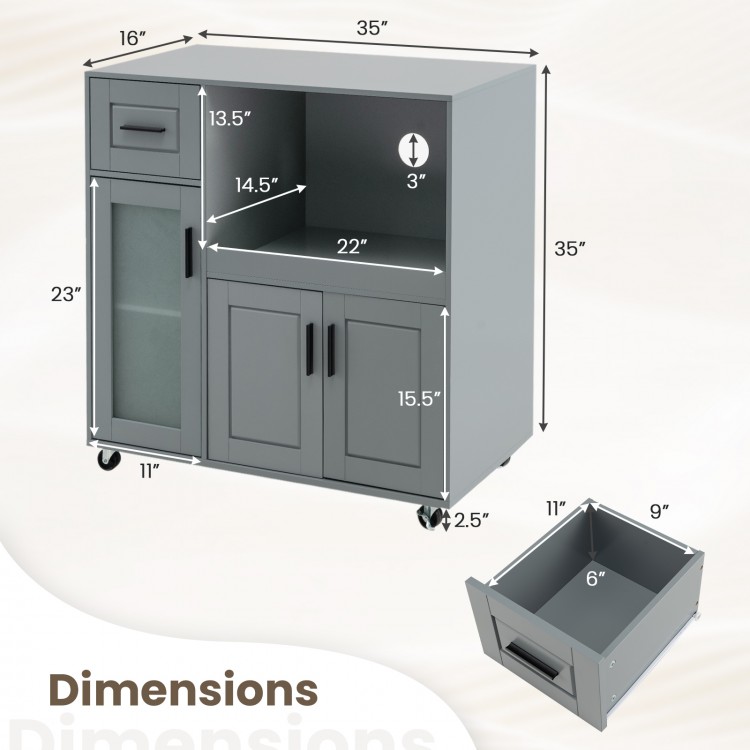 Rolling kitchen island with wheels, gray finish, featuring a drawer, glass door cabinet, and adjustable shelf.