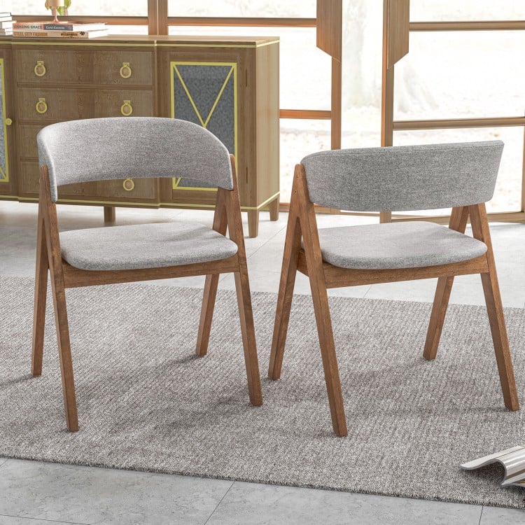 Set of 2 walnut and grey accent armchairs with curved backrest, perfect for dining rooms and modern interiors.