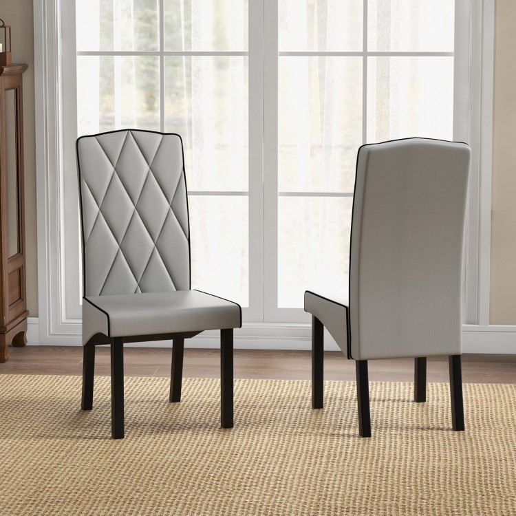 Light gray modern dining chair with high backrest and tufted design, perfect for various room settings.