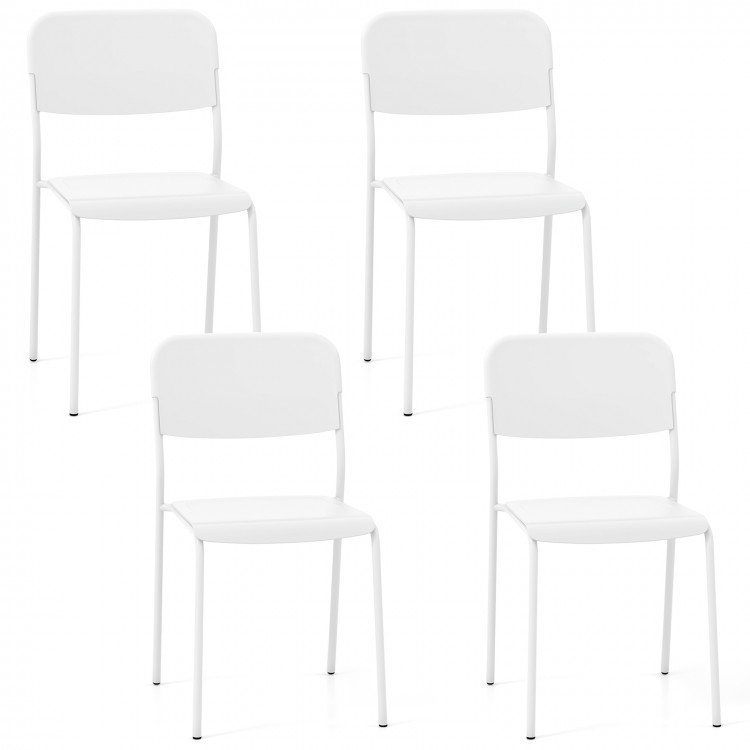 Set of 4 modern white dining chairs with tilted backrest and sturdy metal legs, perfect for indoor and outdoor use.