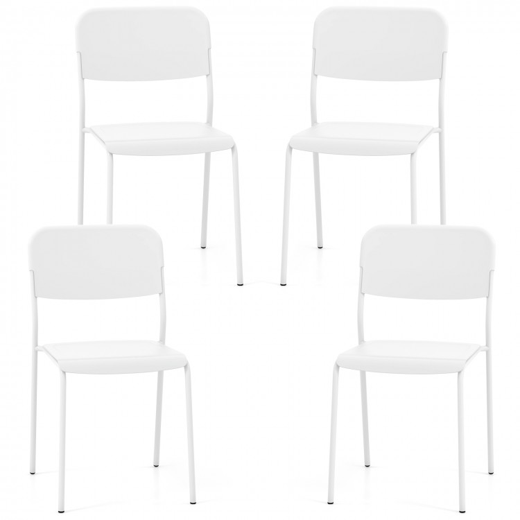 Set of 4 modern white dining chairs with tilted backrest and sturdy metal legs, ideal for indoor and outdoor use.