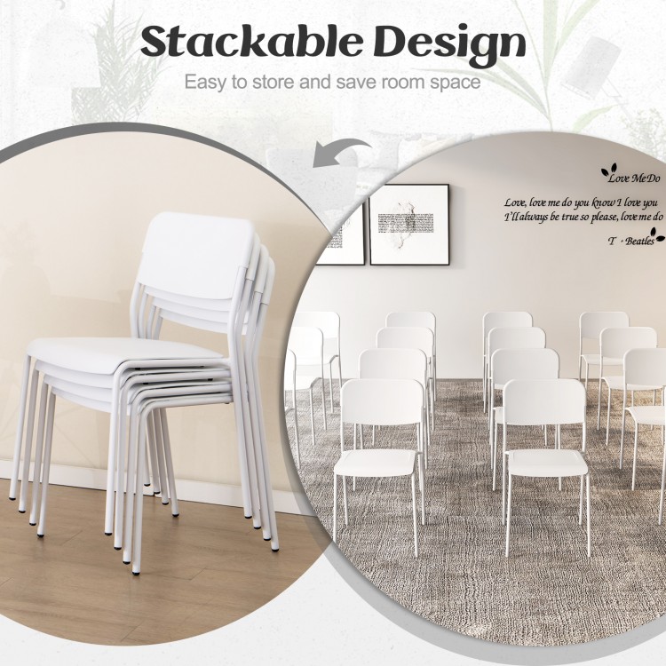 Stackable modern dining chairs set of 4 in white with sturdy metal legs and tilted backrest for versatile seating.
