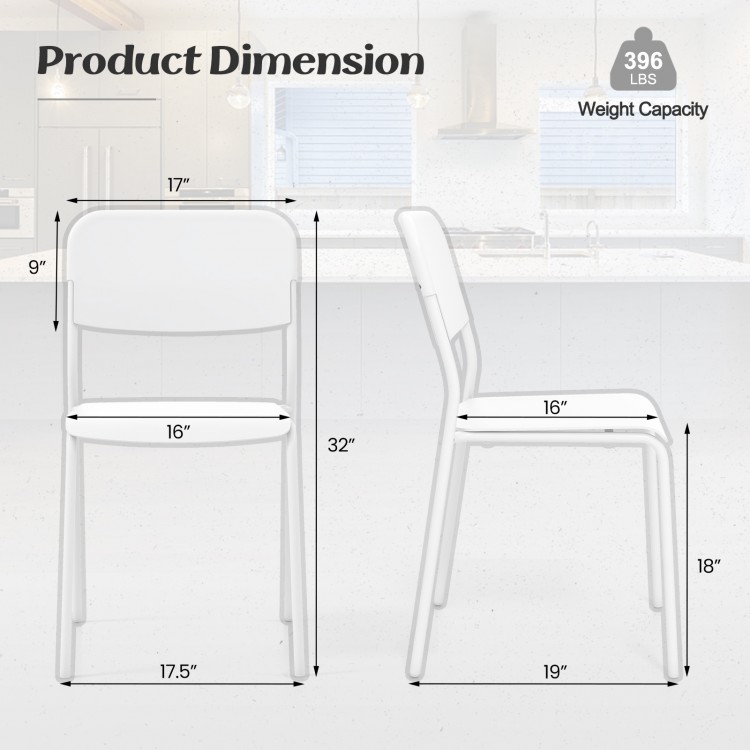 Dimensions of Modern Dining Chair with tilted backrest, sturdy metal legs, and stackable design for space-saving.