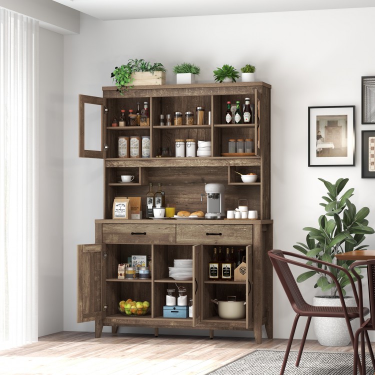 Tall brown kitchen hutch cabinet featuring a spacious countertop, adjustable shelves, and ample storage for kitchen.