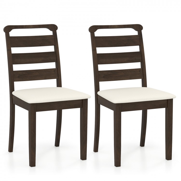 Set of 2 walnut wooden dining chairs with padded seats and ladder backs, perfect for dining rooms and cafes.
