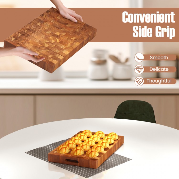 End grain cutting board with side grips, crafted from solid teak wood, ideal for slicing and serving in the kitchen.
